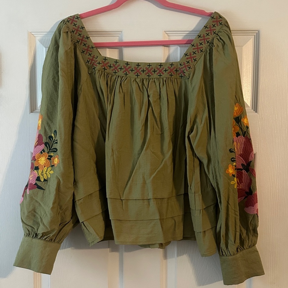 ODDY Olive Green Floral Embroidered Blouse